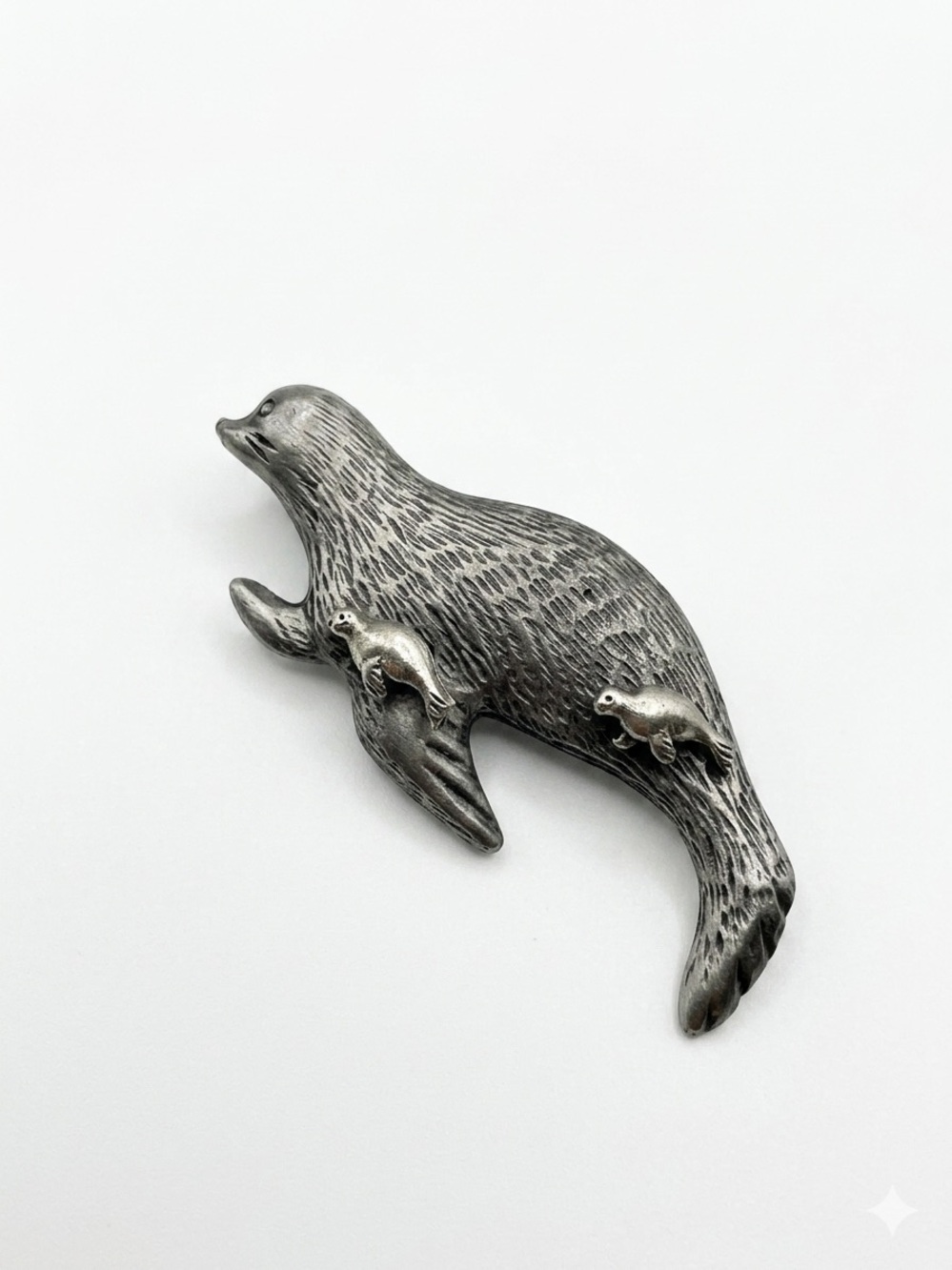 Vintage Seal mom and pups pewter brooch and earrings set